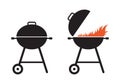 BBQ and grill icon set. Barbecue signs with fire. Picnic and outdoor cooking concept. Vector illustration. Royalty Free Stock Photo